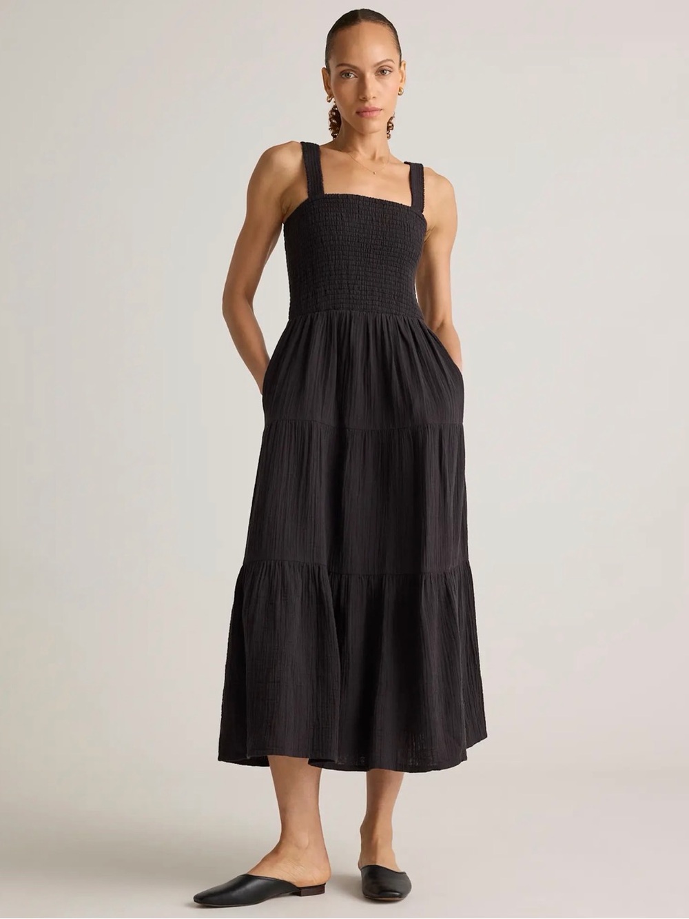 QUINCE 100% Organic Cotton Maxi Dress Black Soft Gauze Tiered Travel Fave NWT!